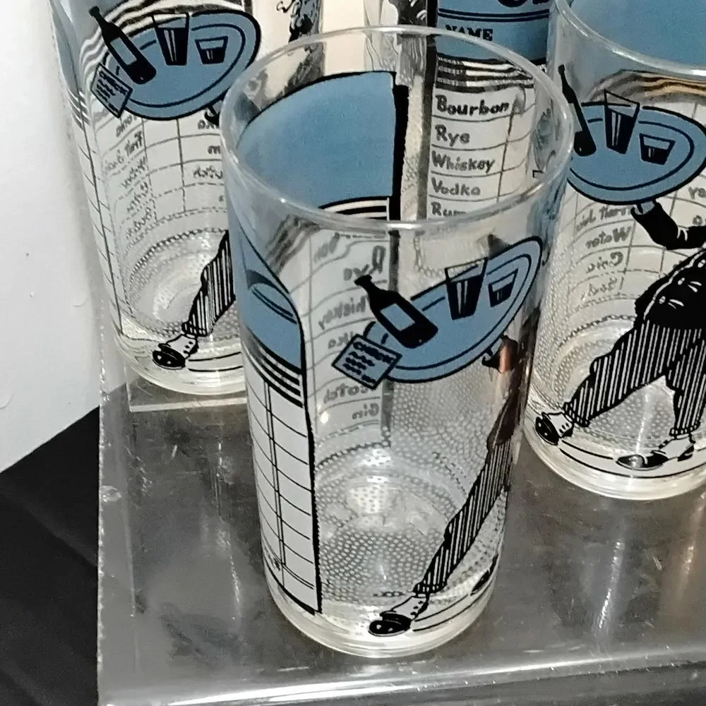 Vintage MCM Cartoon Character Glass Set with Blue Accents  Set 0f 4